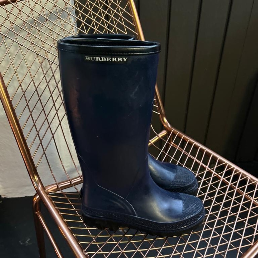 Navy blue tall Burberry rain boots